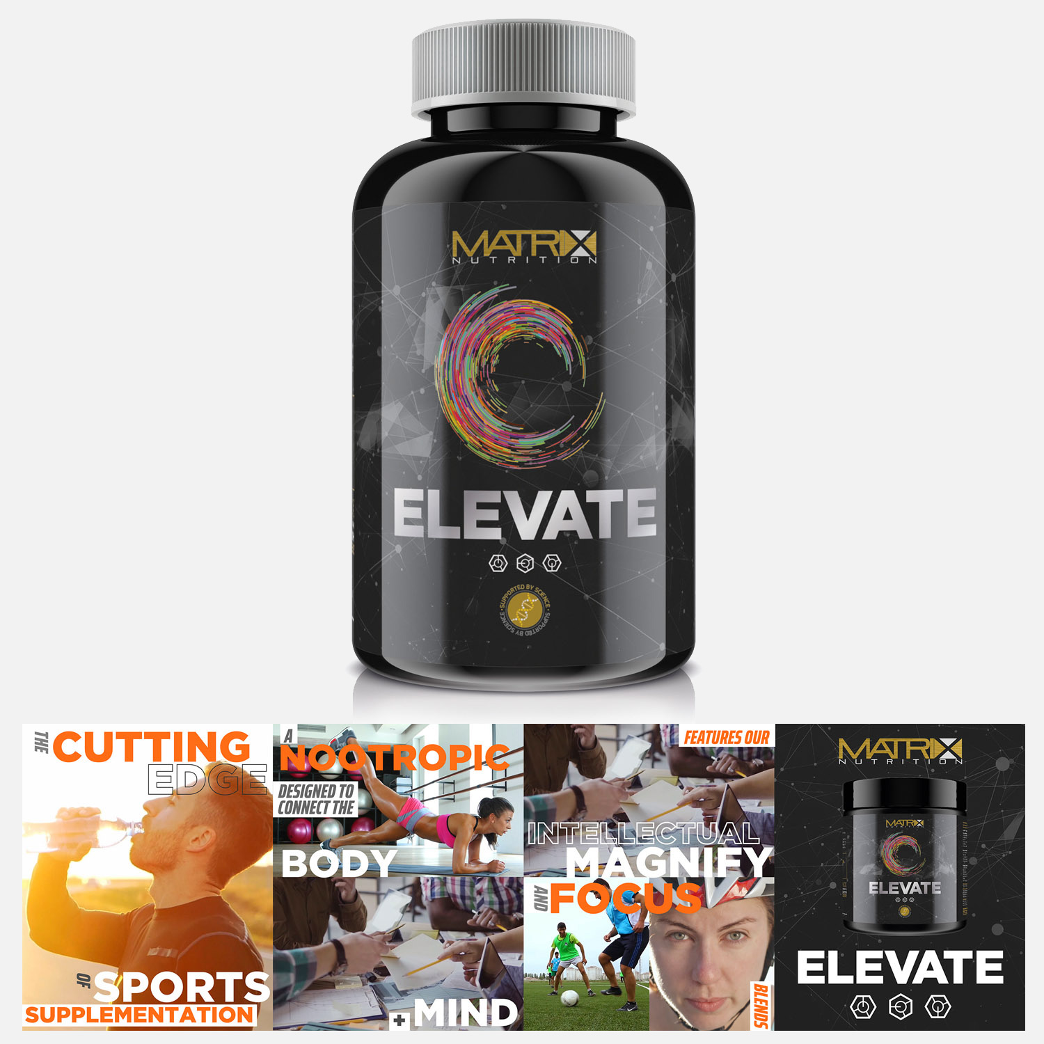 Matrix Nutrition Elevate Nootropic Label, Web Banner and Promotional Video Designs